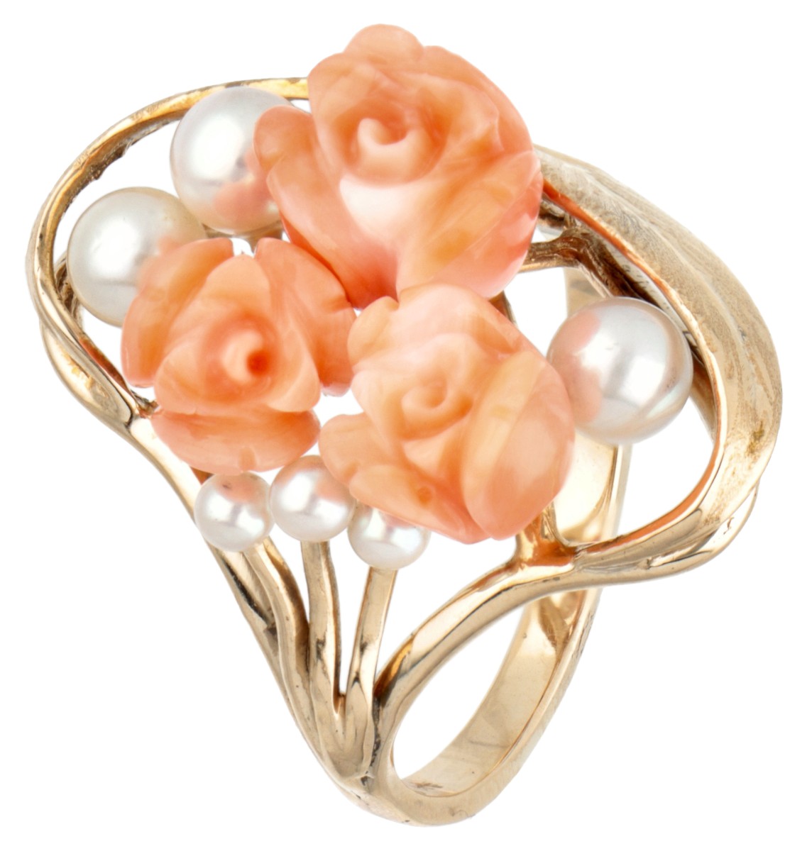 Vintage 10K. yellow gold ring set with pearls and red corals in the depiction of roses.