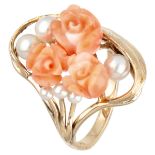 Vintage 10K. yellow gold ring set with pearls and red corals in the depiction of roses.