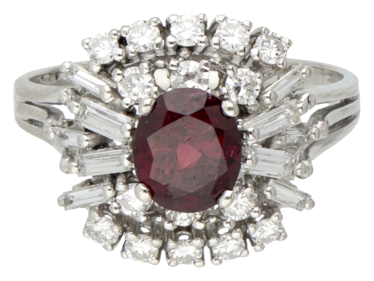 14K. White gold cocktail ring set with approx. 0.98 ct. diamond and synthetic ruby. - Image 2 of 3