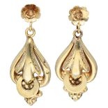 Antique 14K. yellow gold earrings with floral representations and hand-engraved details.