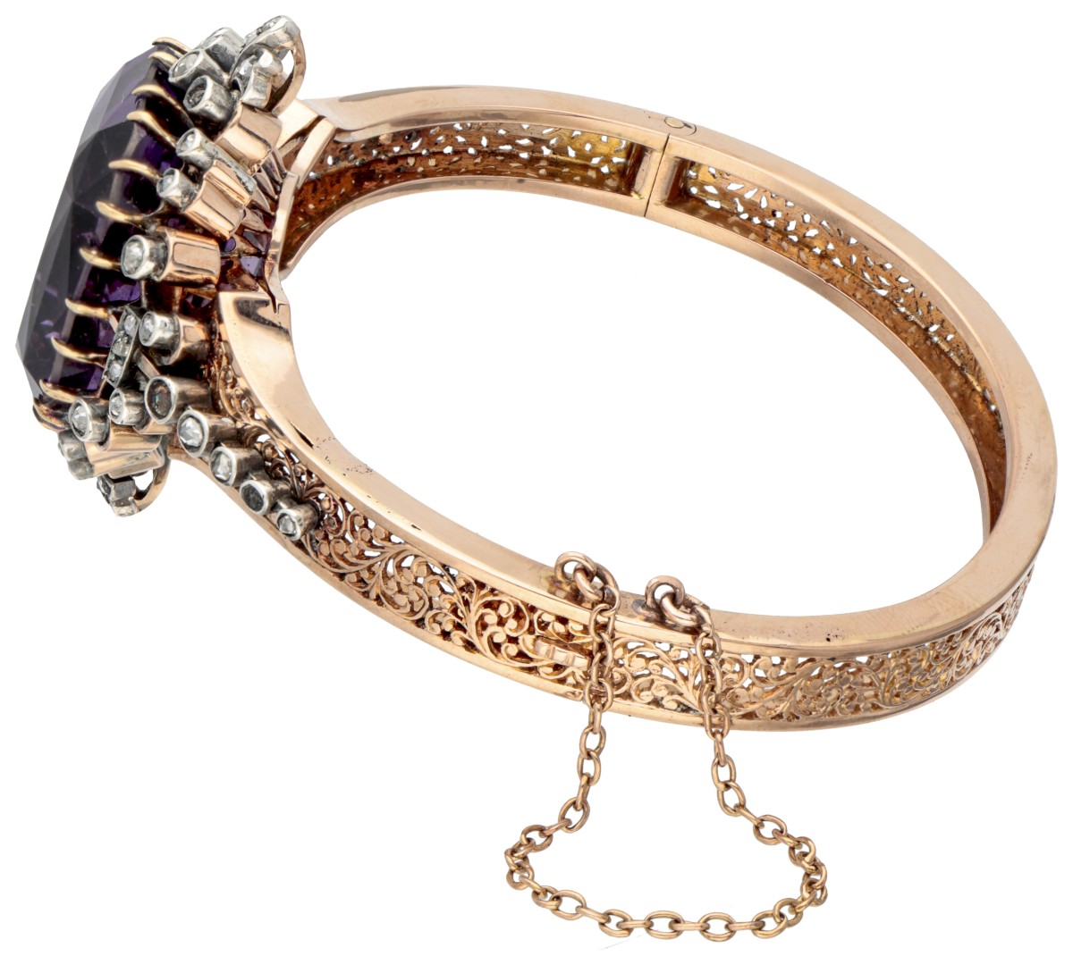 Antique 18K. rose gold French openwork bangle bracelet set with approx. 36.19 ct. amethyst and diamo - Image 3 of 5