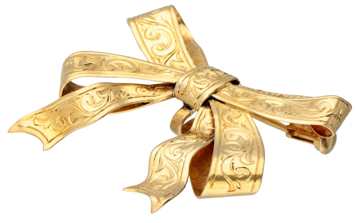 Vintage 18K. yellow gold bow-shaped brooch decorated with acanthus leaves. - Image 2 of 4