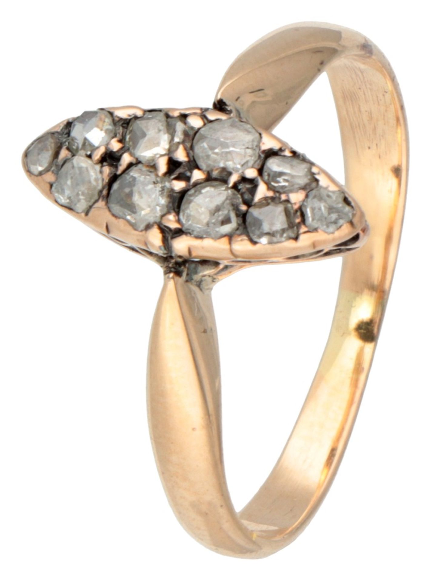 Antique 14K. yellow gold navette ring set with rose cut diamonds.