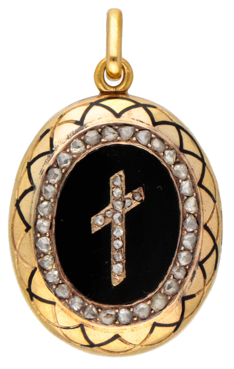 Antique 18K. yellow gold mourning medallion pendant with star and cross set with rose cut diamond.