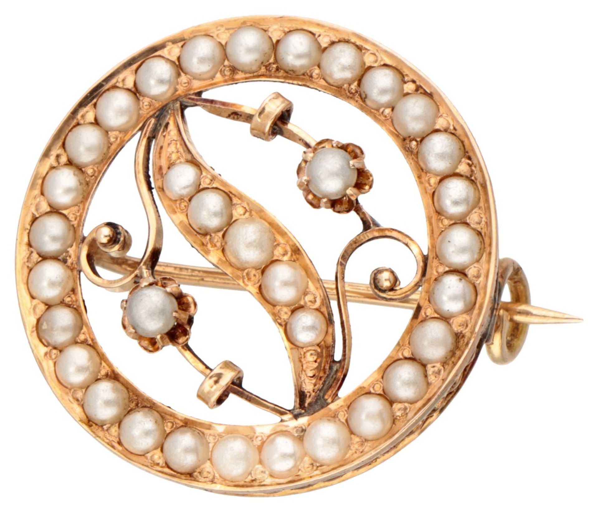 Antique 14K. rose gold brooch set with seed pearls.