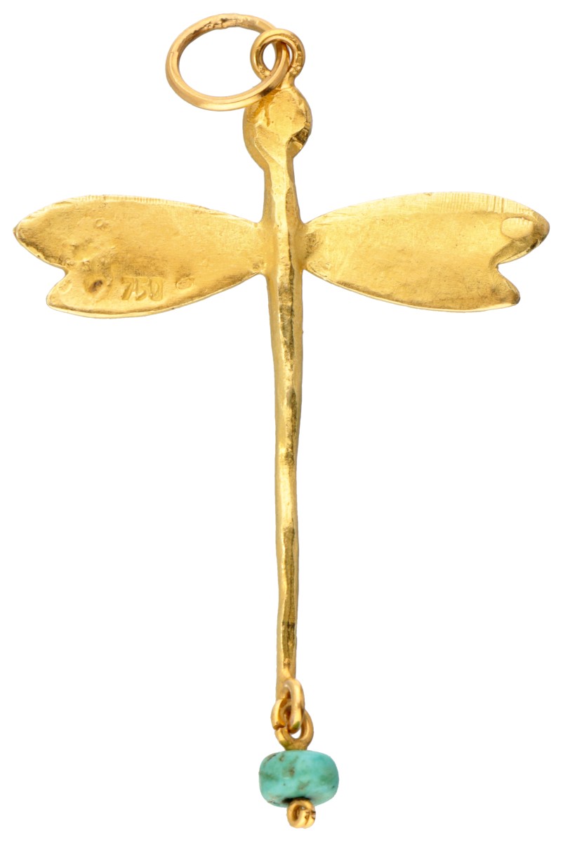 Vintage 18K. yellow gold pendant depicting a dragonfly set with a turquoise. - Image 2 of 2