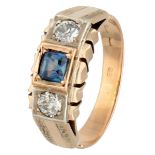 14K. Rose gold Art Deco ring set with approx. 0.28 ct. natural sapphire and approx. 0.26 ct. diamond