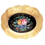 Vintage 14K. yellow gold brooch with colorful hand-painted floral pattern.