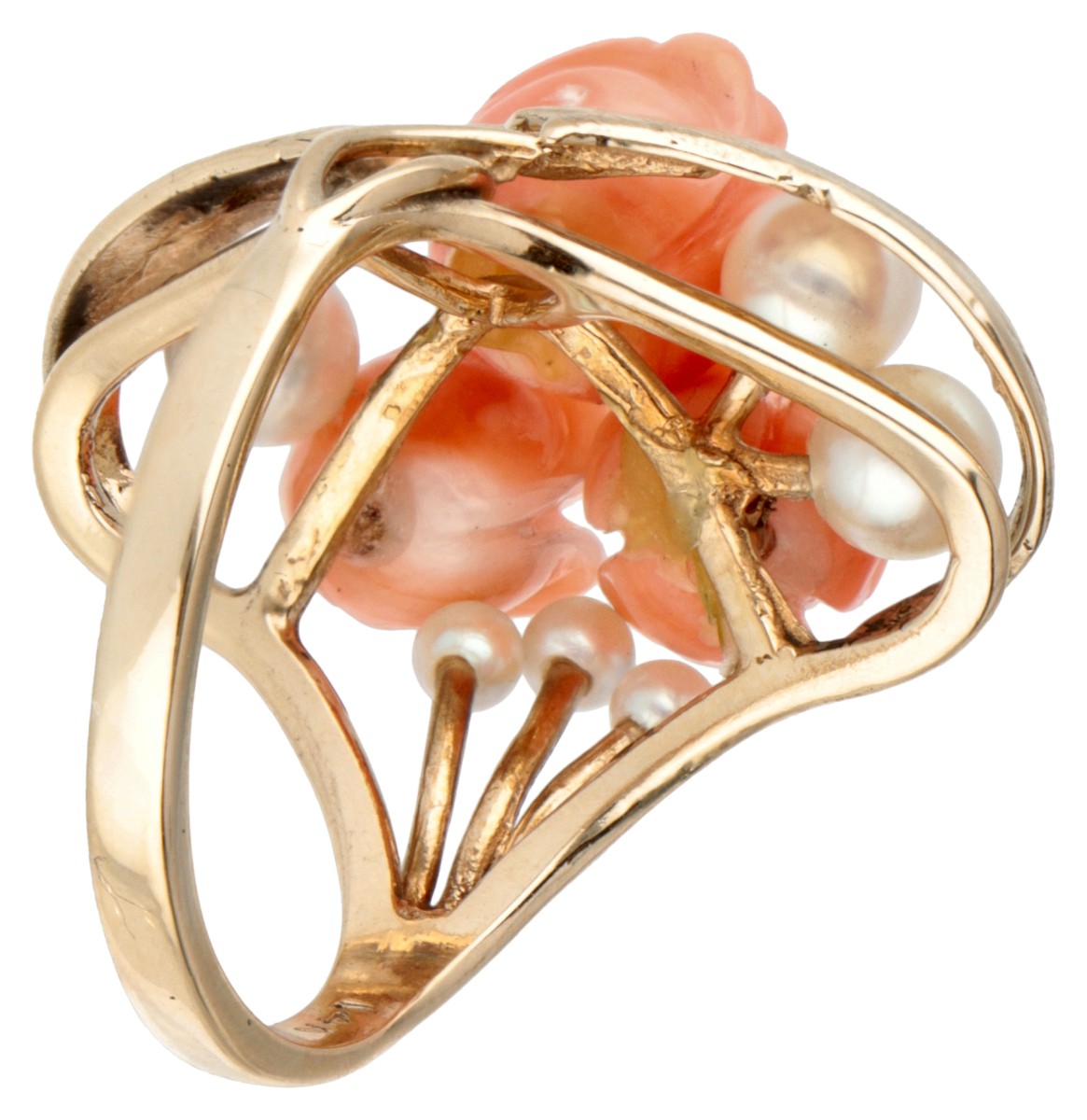 Vintage 10K. yellow gold ring set with pearls and red corals in the depiction of roses. - Image 2 of 2