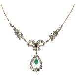 14K. Rose gold and 800 silver necklace set with approx. 1.00 ct. natural emerald and diamond.