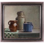 Gutter, Pieter (Piet) (1944 -) 'Still life of milk churn and enamel pan with jug