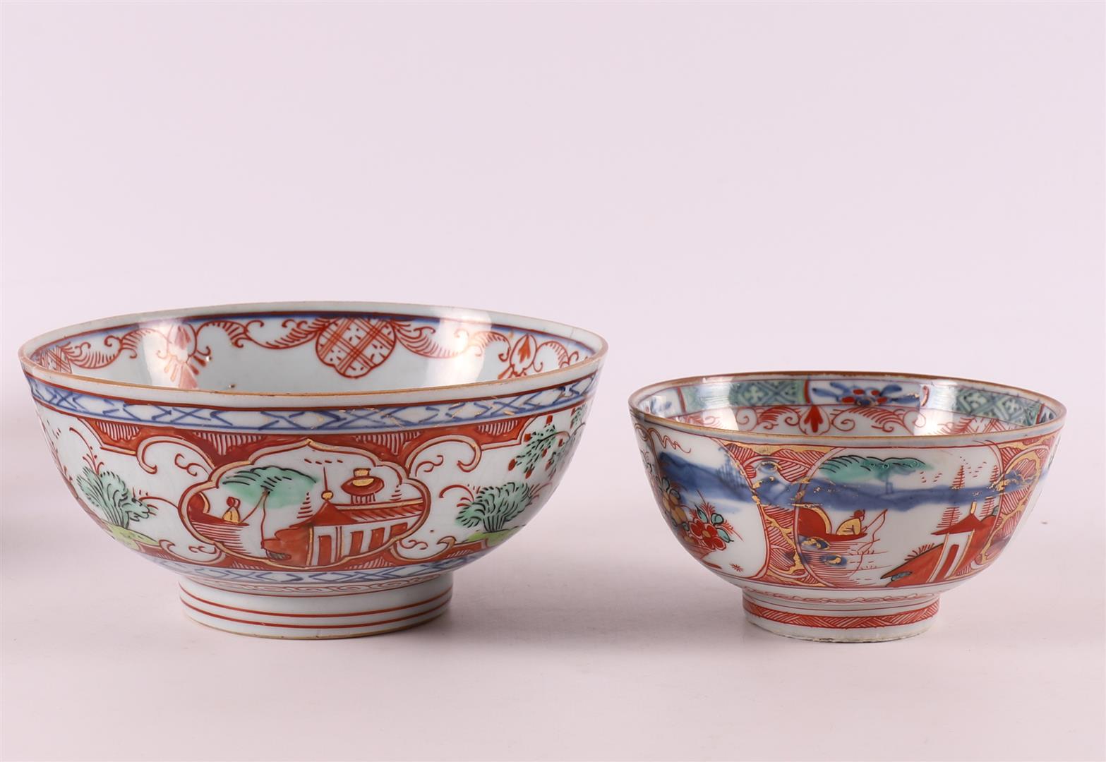 Five various porcelain Amsterdam variegated bowls, China, 18th century. - Image 4 of 17