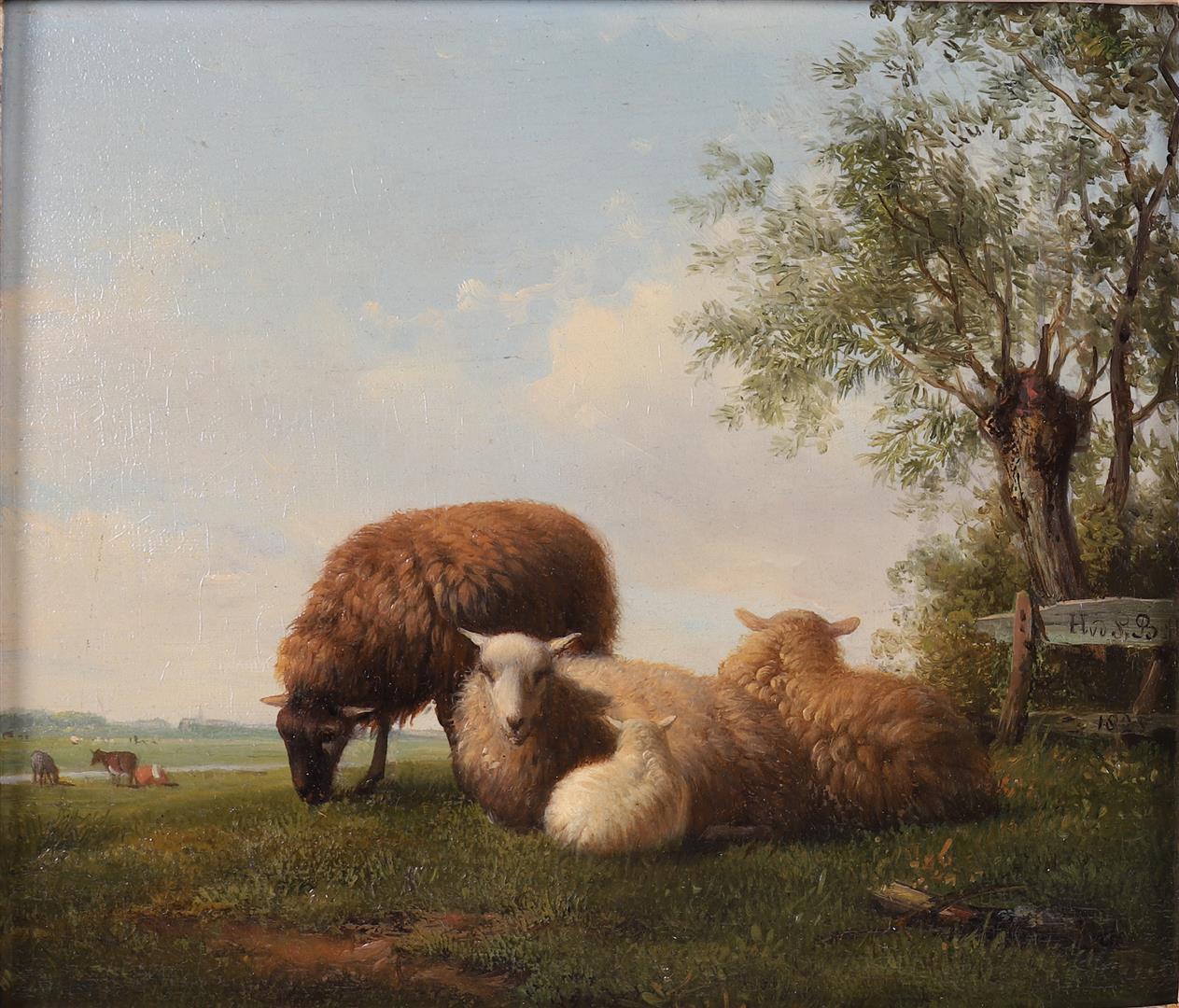 Bakhuijzen Sande van de, Hendrikus (1795-1860) 'Sheep at a fence', - Bild 2 aus 4