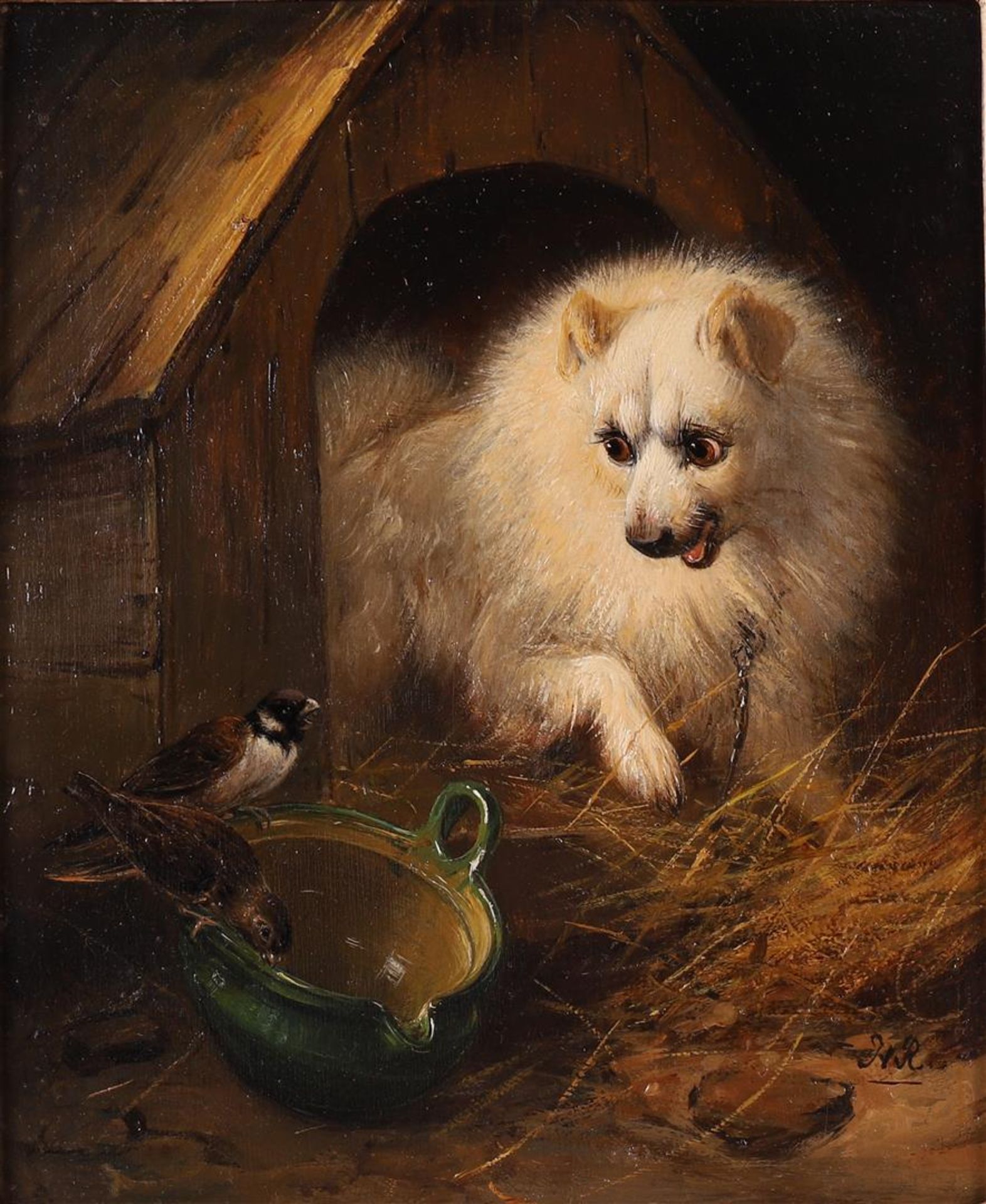 Ronner Knip, Henriette (Amsterdam 1821 Brussels-1909) 'White dog with two birds - Image 2 of 4