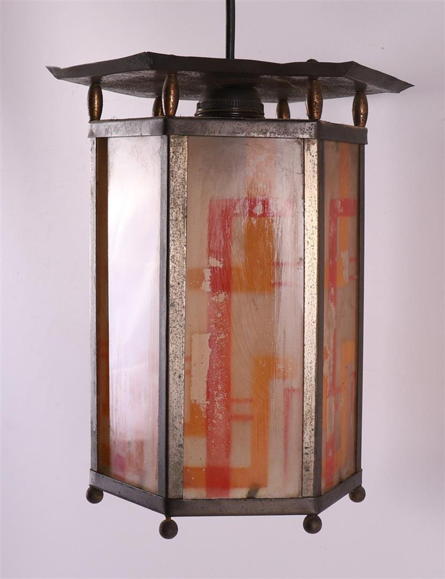 A hexagonal glass-in-copper Amsterdam school hall lamp with fringe, ca. 1920. - Image 3 of 4