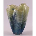 A blue/green glass pleated vase, design & execution: Edith Hagelstange (1934)
