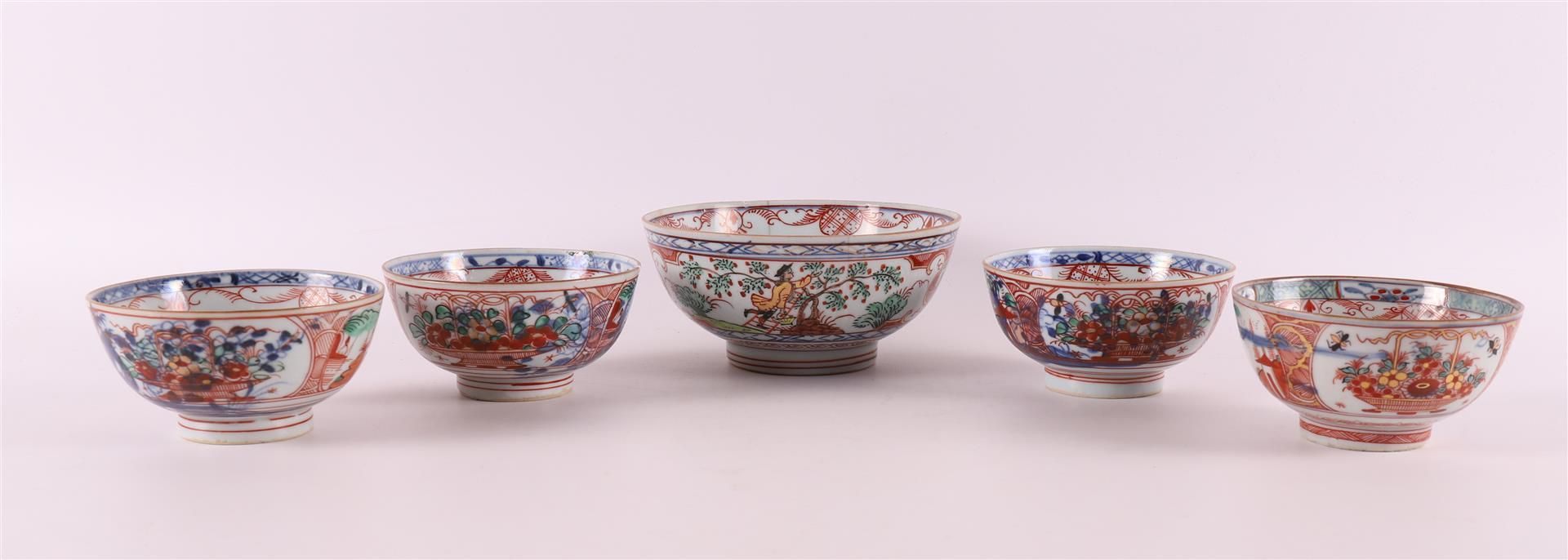 Five various porcelain Amsterdam variegated bowls, China, 18th century.