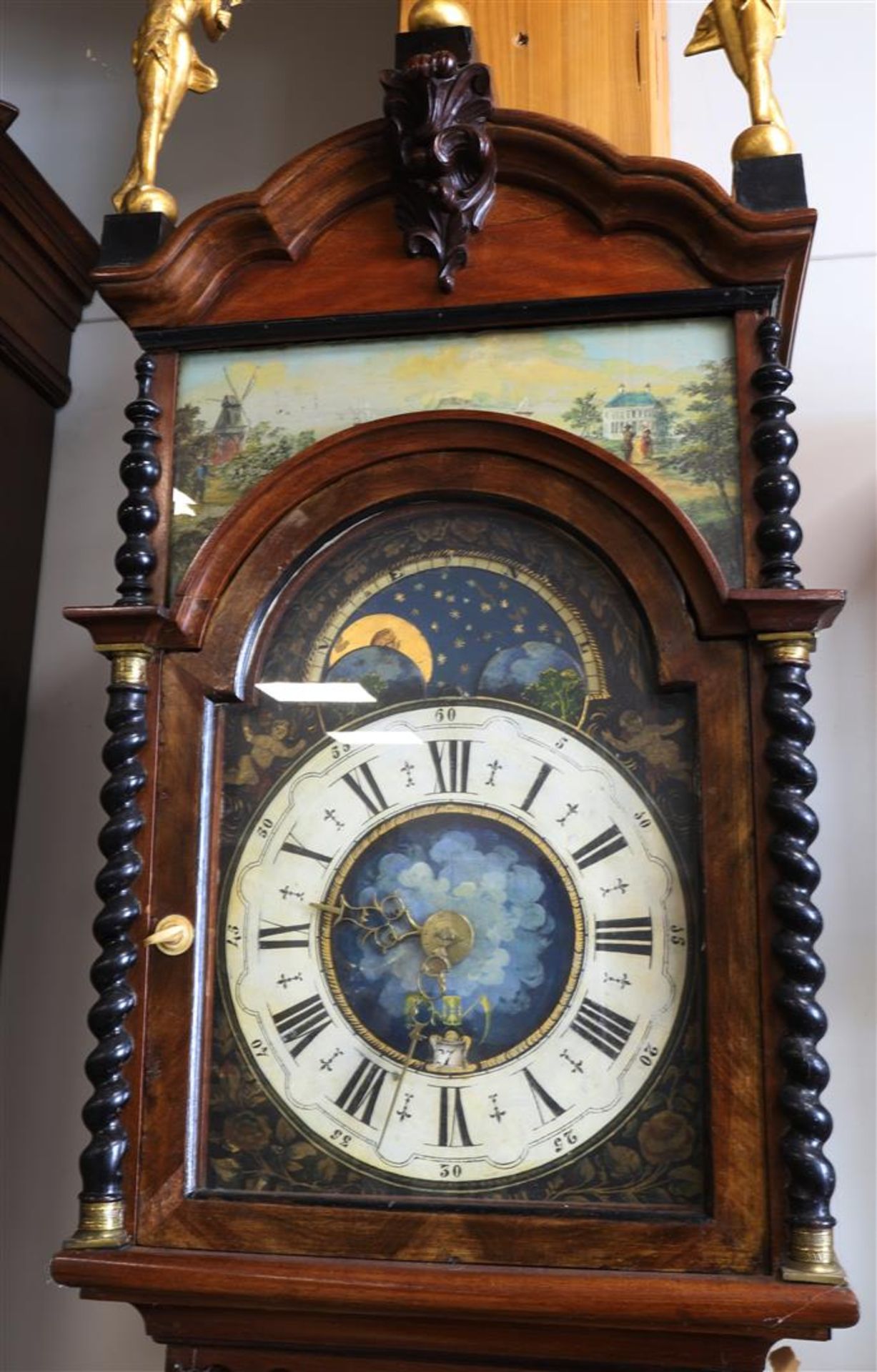 A double hooded tail clock with date and moon indication, 1st half 19th century. - Image 2 of 2