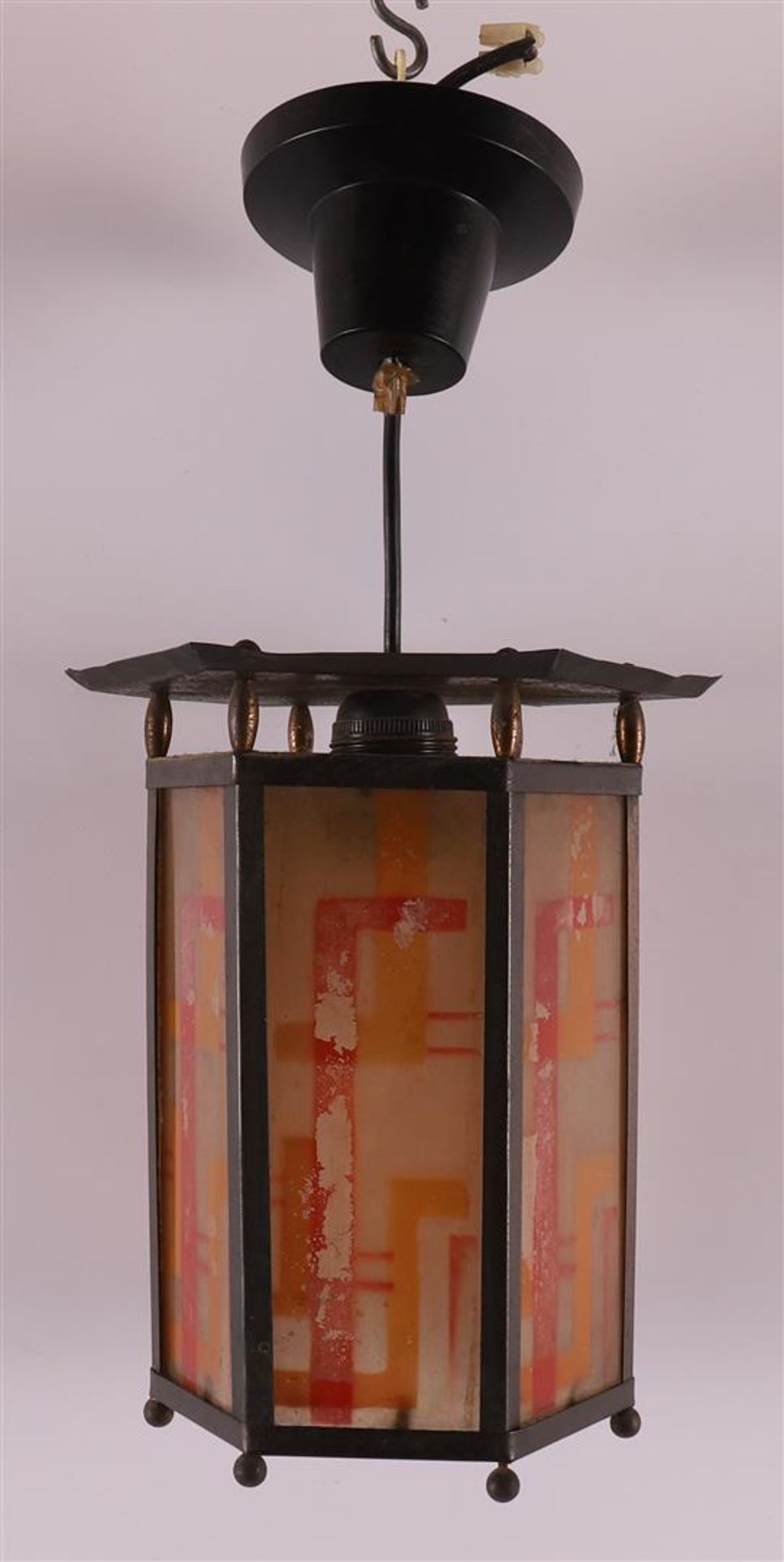 A hexagonal glass-in-copper Amsterdam school hall lamp with fringe, ca. 1920. - Image 2 of 4