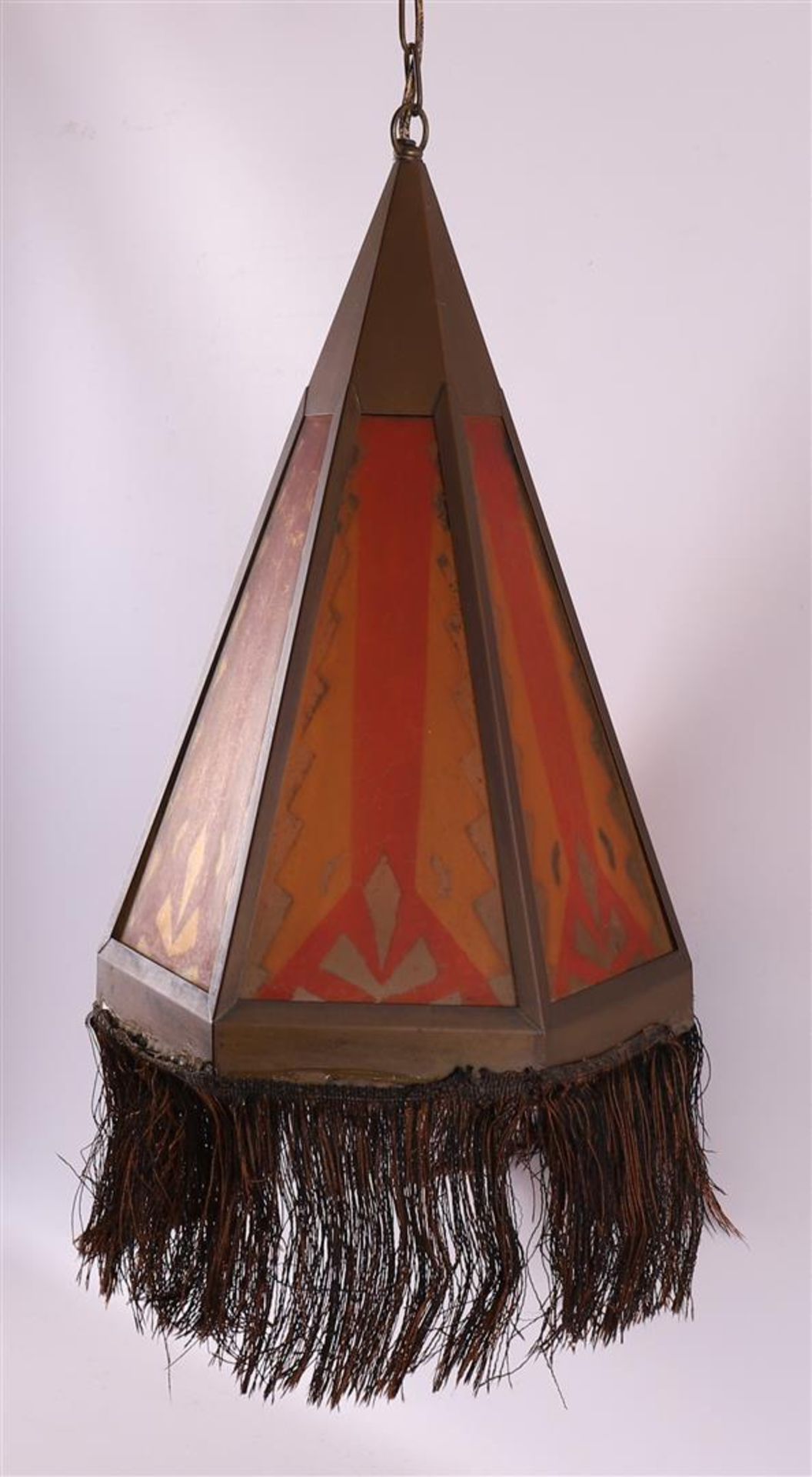 A conical glass-in-copper Amsterdam School hanging lamp with fringe, ca. 1910. - Image 2 of 4