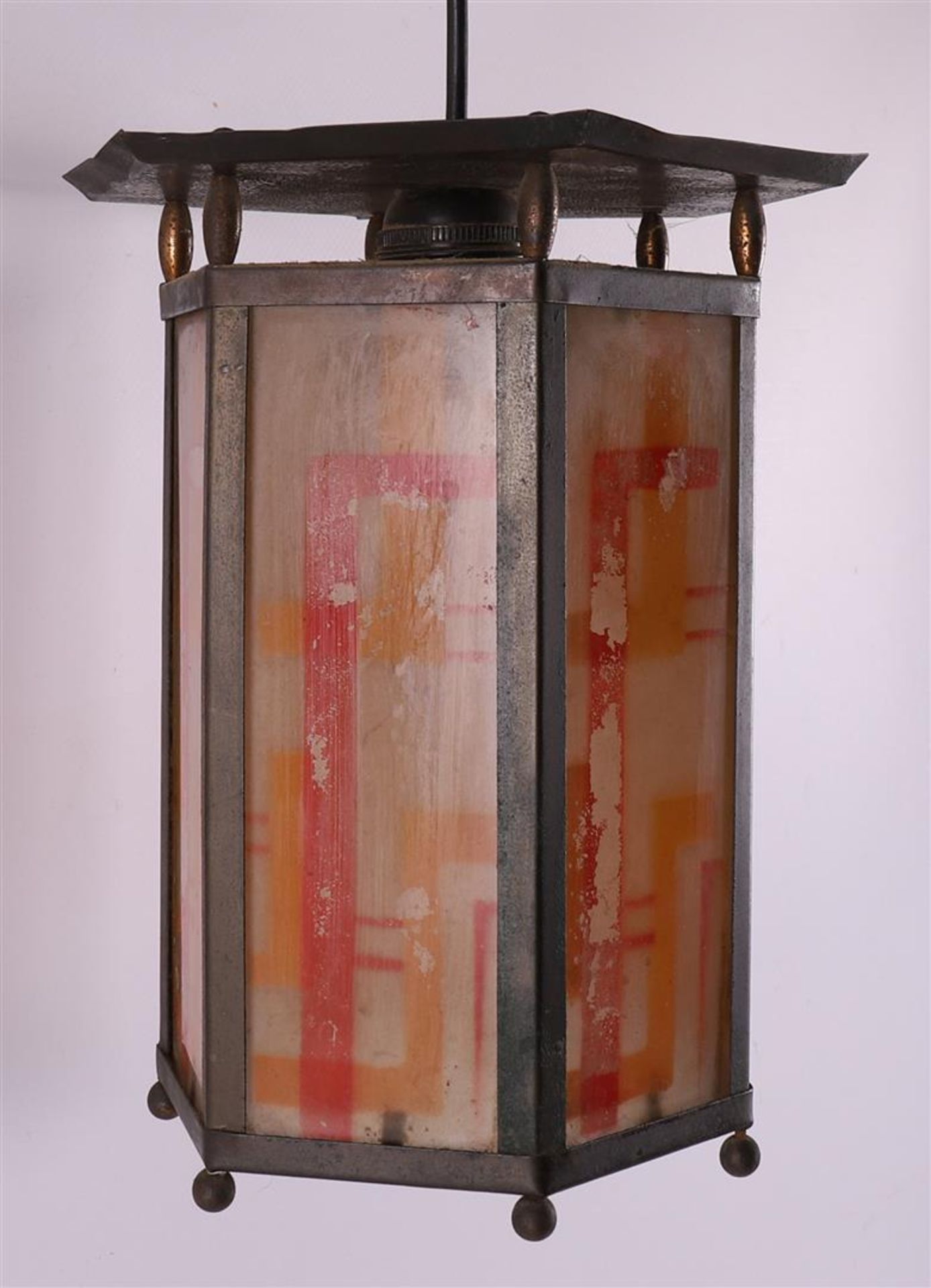 A hexagonal glass-in-copper Amsterdam school hall lamp with fringe, ca. 1920. - Image 4 of 4