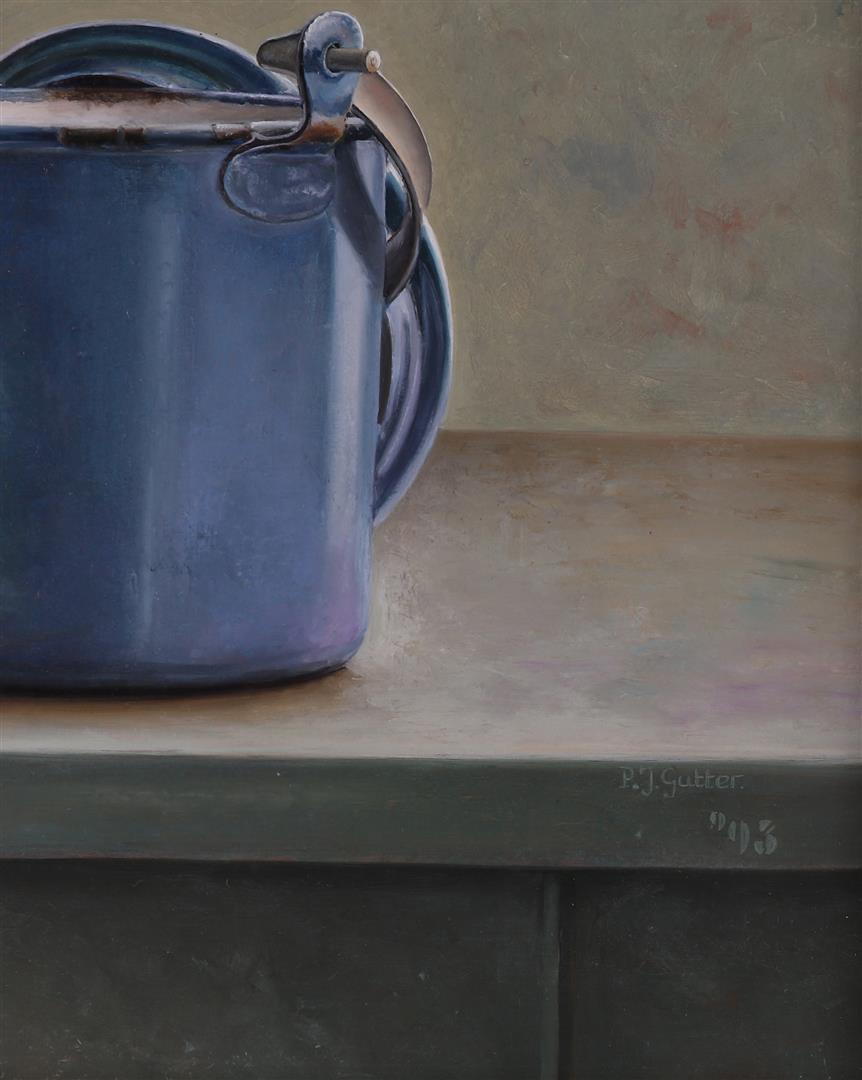 Gutter, Pieter (Piet) (1944 -) 'Still life of milk churn and enamel pan with jug - Image 2 of 2