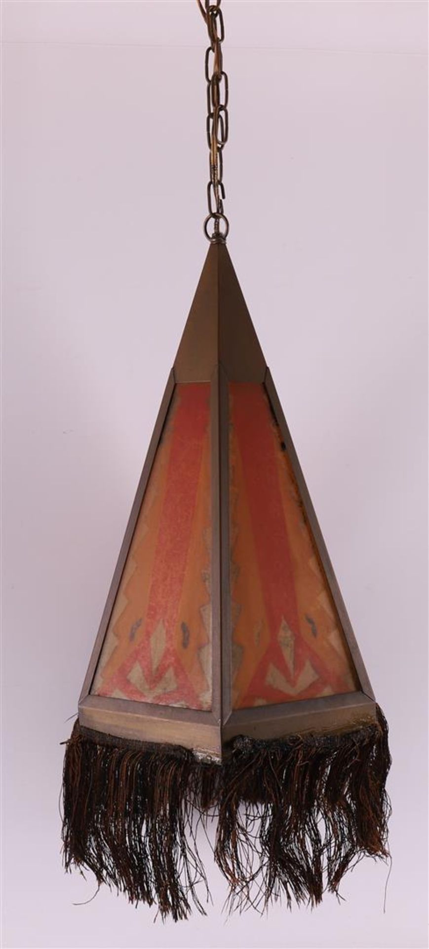 A conical glass-in-copper Amsterdam School hanging lamp with fringe, ca. 1910. - Image 4 of 4