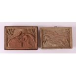 Two assorted fireplace/stove tiles with relief decor, 18th century.