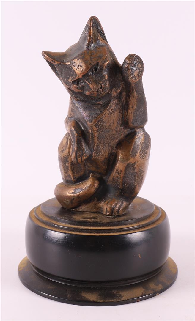 Bronze sitting cat on wooden base, signed 'I. Rochard - made in France