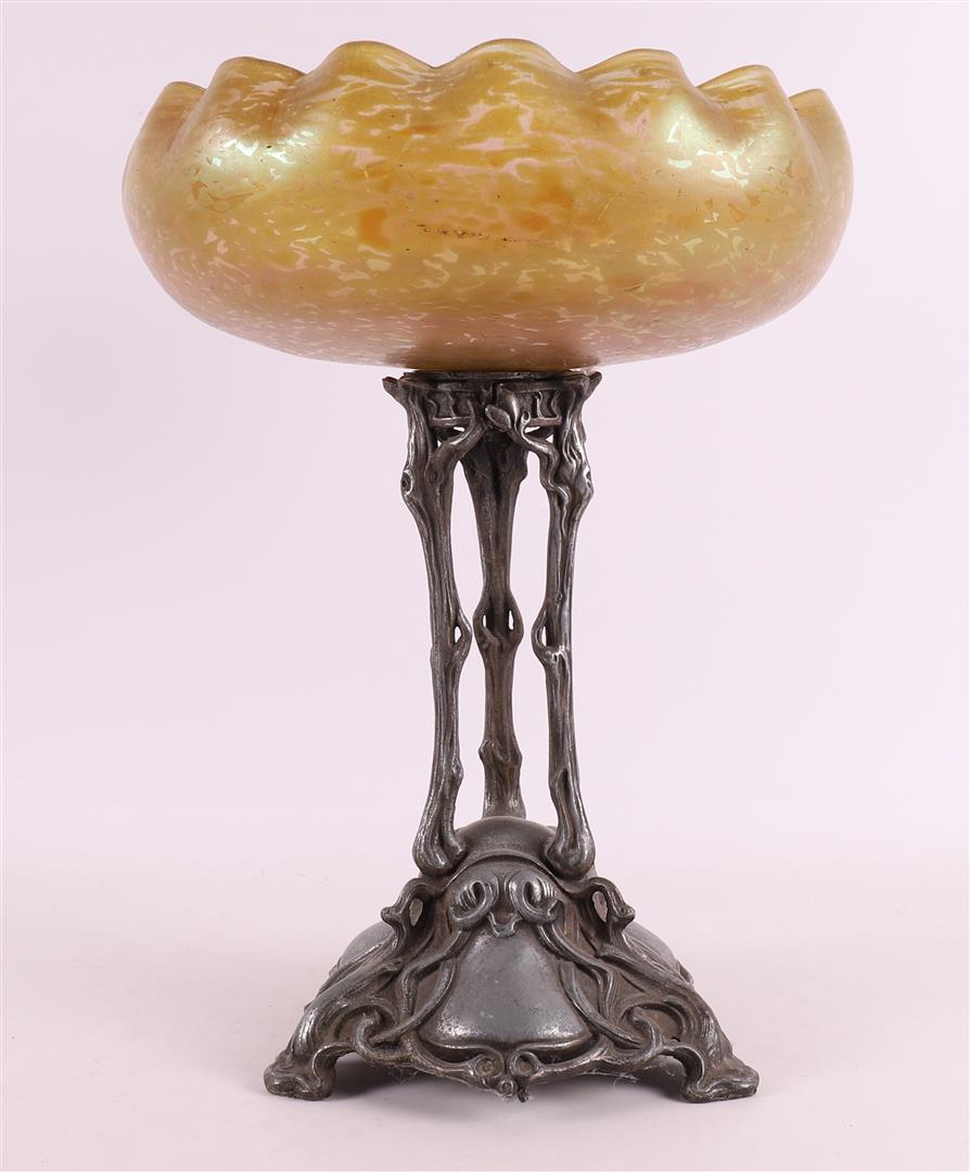 An iridescent glass fruit bowl on a white metal base, Austria, Loetz, ca. 1900