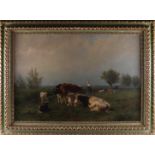 Mauve, Anthonie sr (Zaandam 1838-1888) 'Cows and a milkmaid in a landscape'.