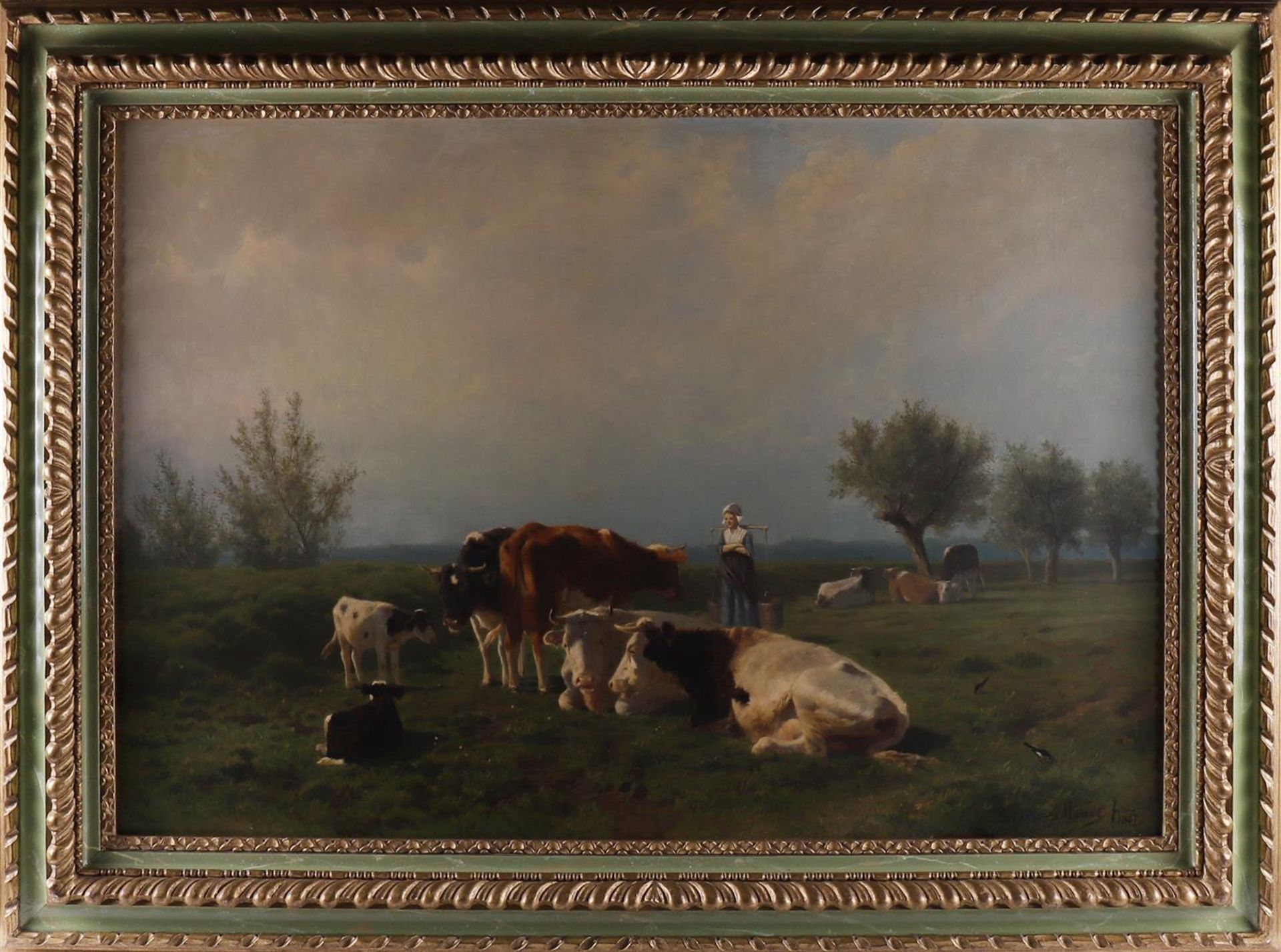 Mauve, Anthonie sr (Zaandam 1838-1888) 'Cows and a milkmaid in a landscape'.