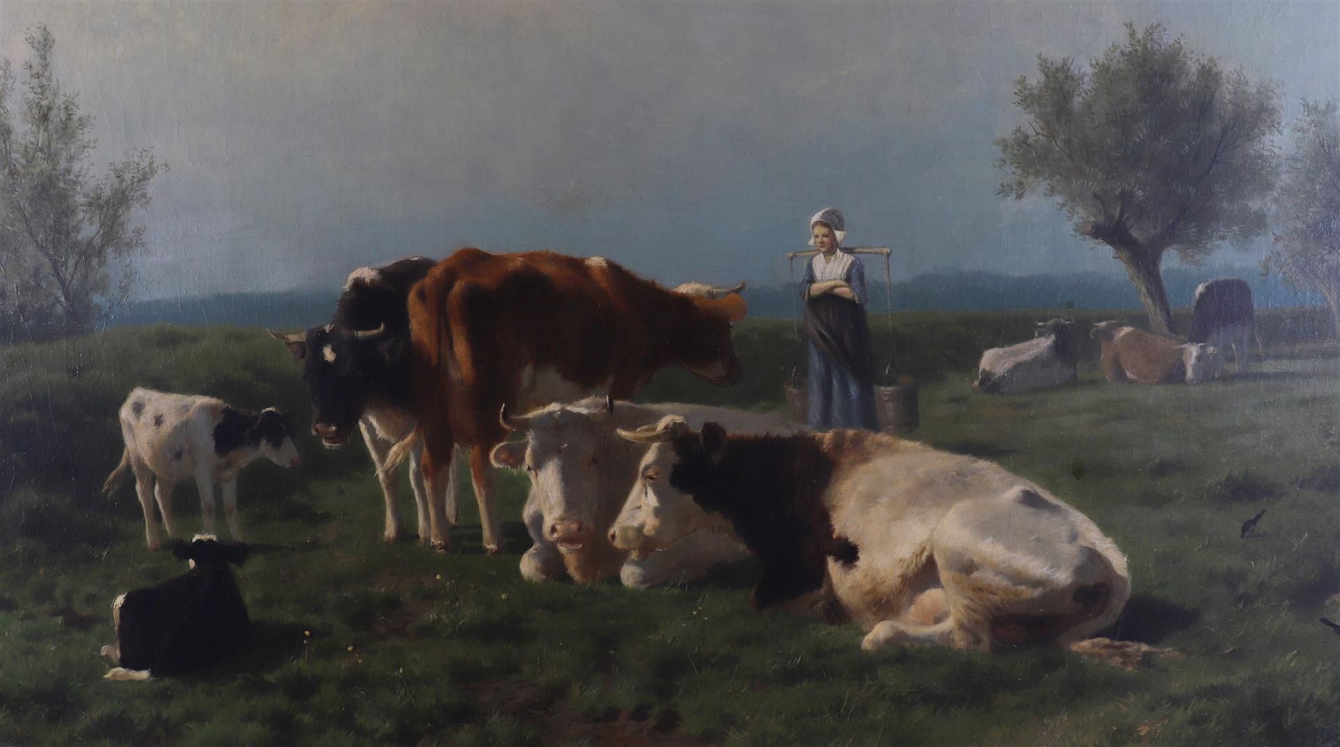 Mauve, Anthonie sr (Zaandam 1838-1888) 'Cows and a milkmaid in a landscape'. - Image 9 of 18