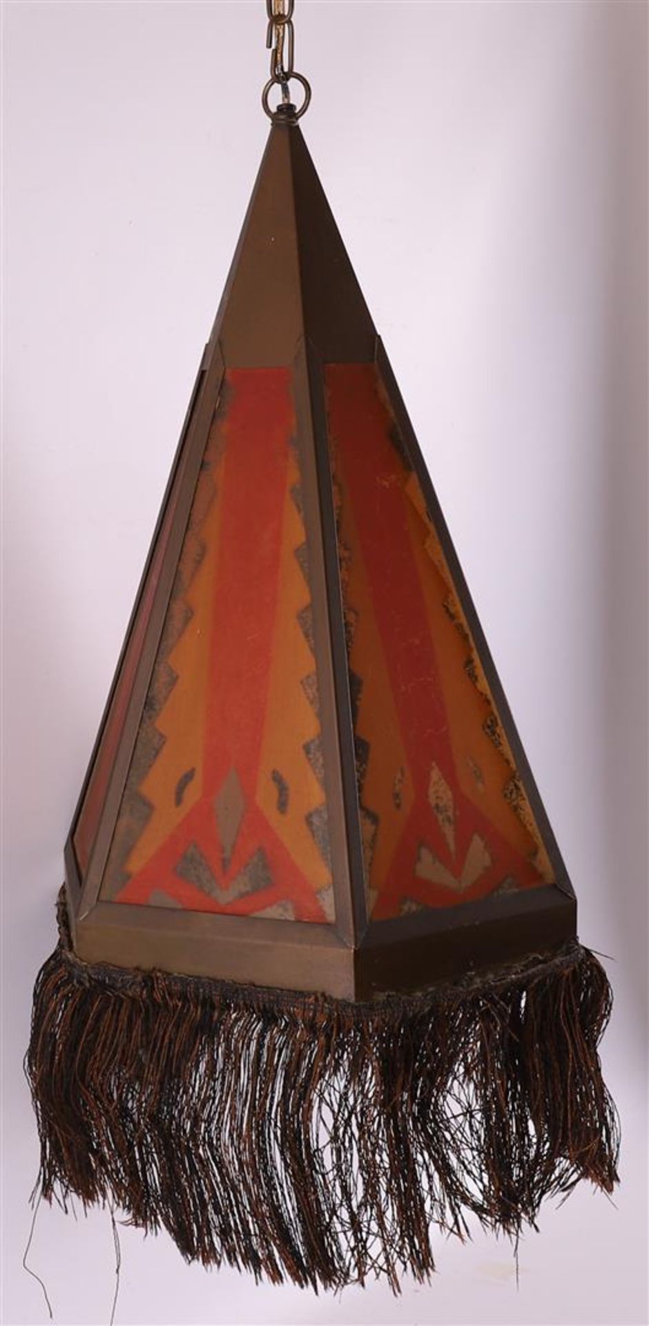 A conical glass-in-copper Amsterdam School hanging lamp with fringe, ca. 1910. - Image 3 of 4