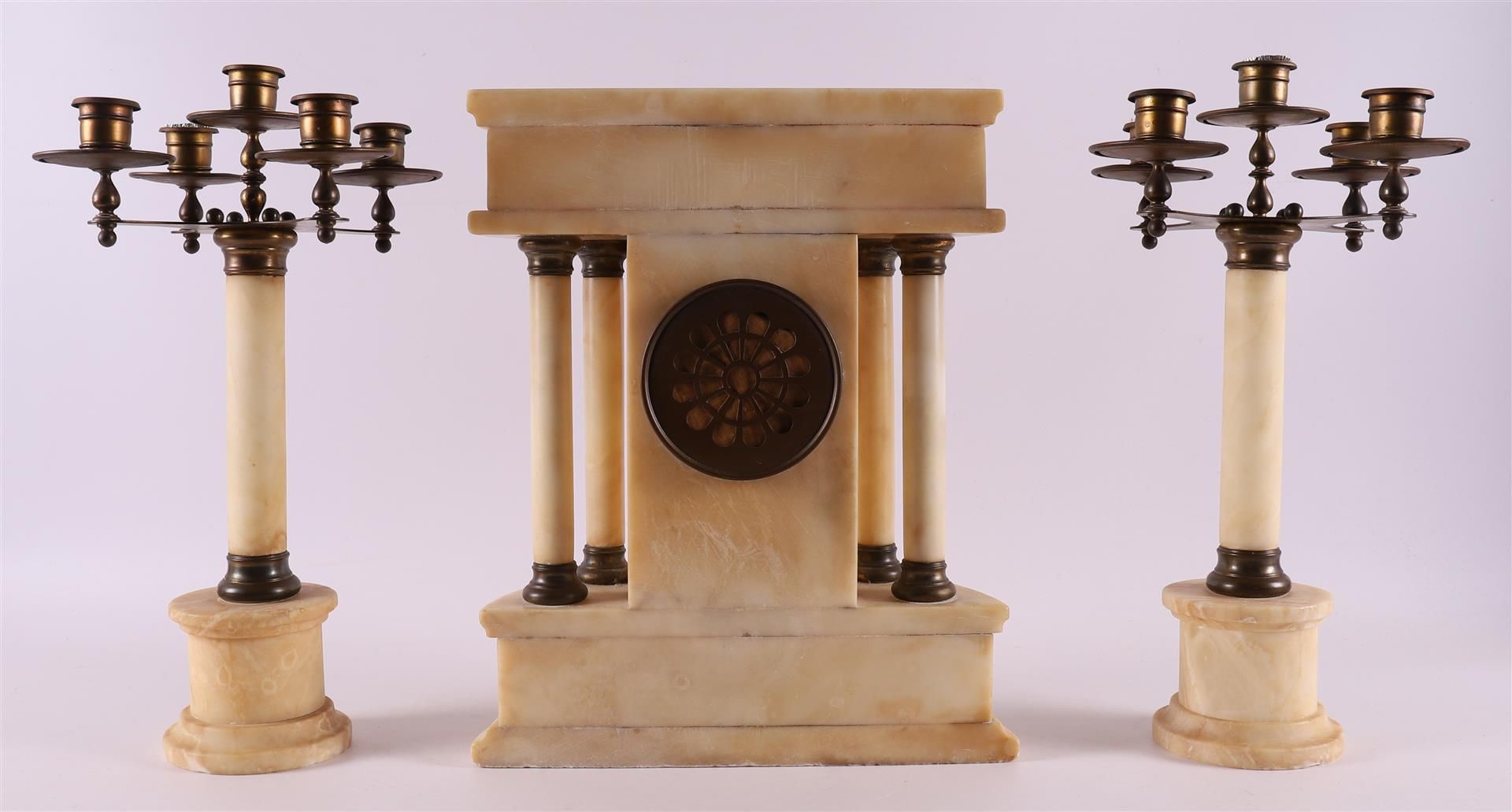 A three piece white alabaster mantel clock set, France. Louis XVI style, late 19 - Image 2 of 3