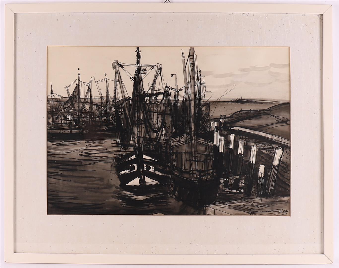 Vries de, Jannes (Meppel 1901 -1986 Groningen) 'Harbour with fishing vessels',