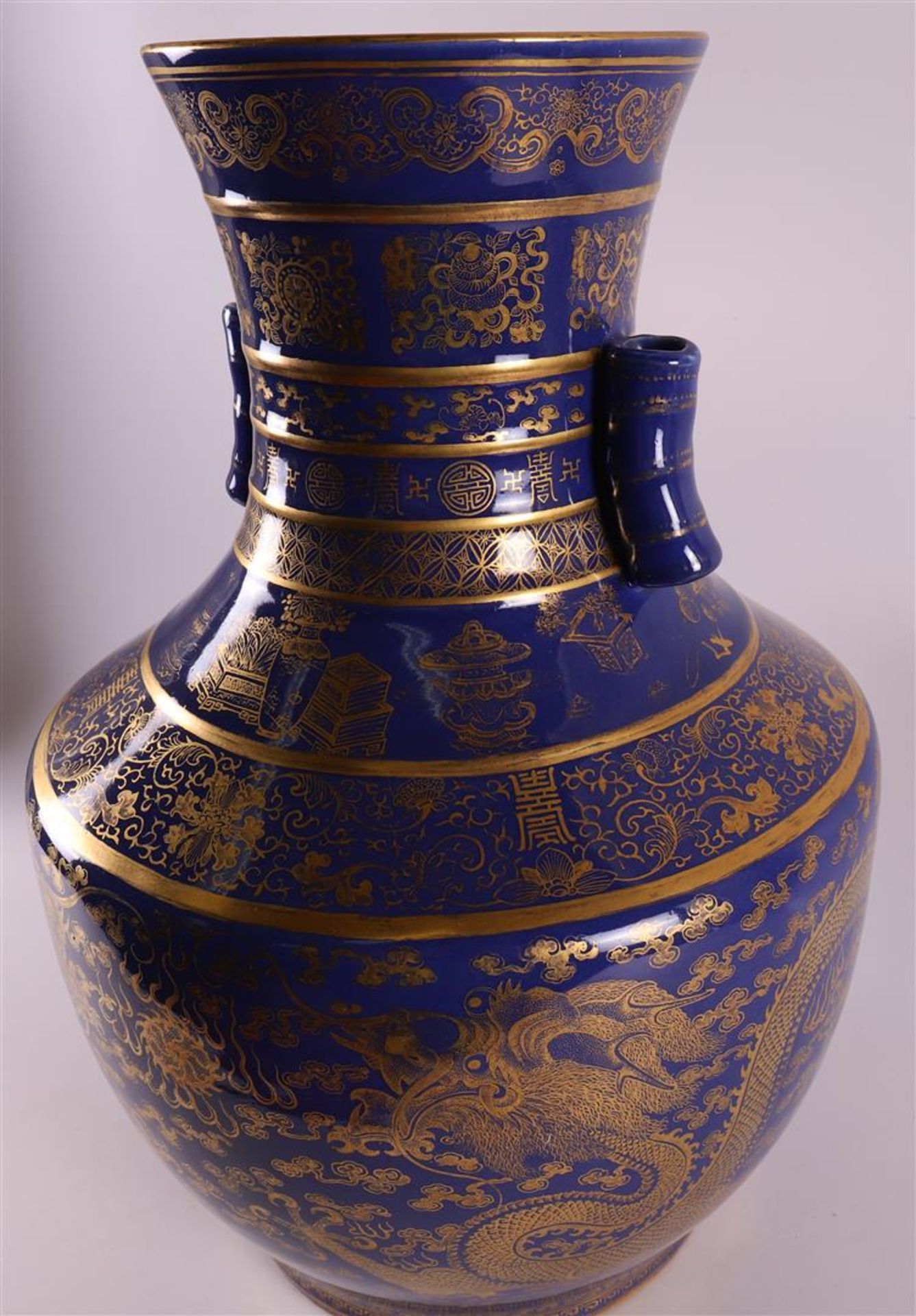 A royal blue porcelain vase with bamboo roll for ears, China, Qianlong - Image 7 of 24