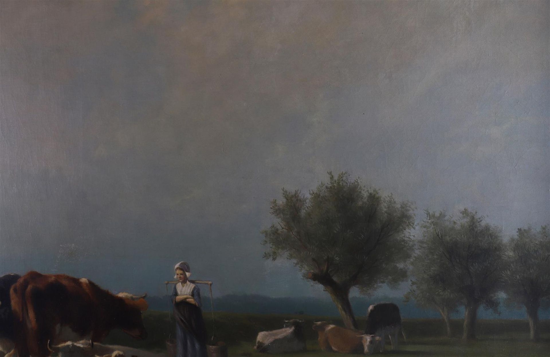 Mauve, Anthonie sr (Zaandam 1838-1888) 'Cows and a milkmaid in a landscape'. - Image 6 of 18