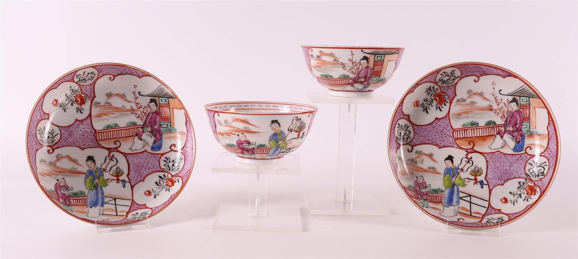 Two porcelain famille rose mandarin cups and saucers, 19th century. - Image 2 of 10