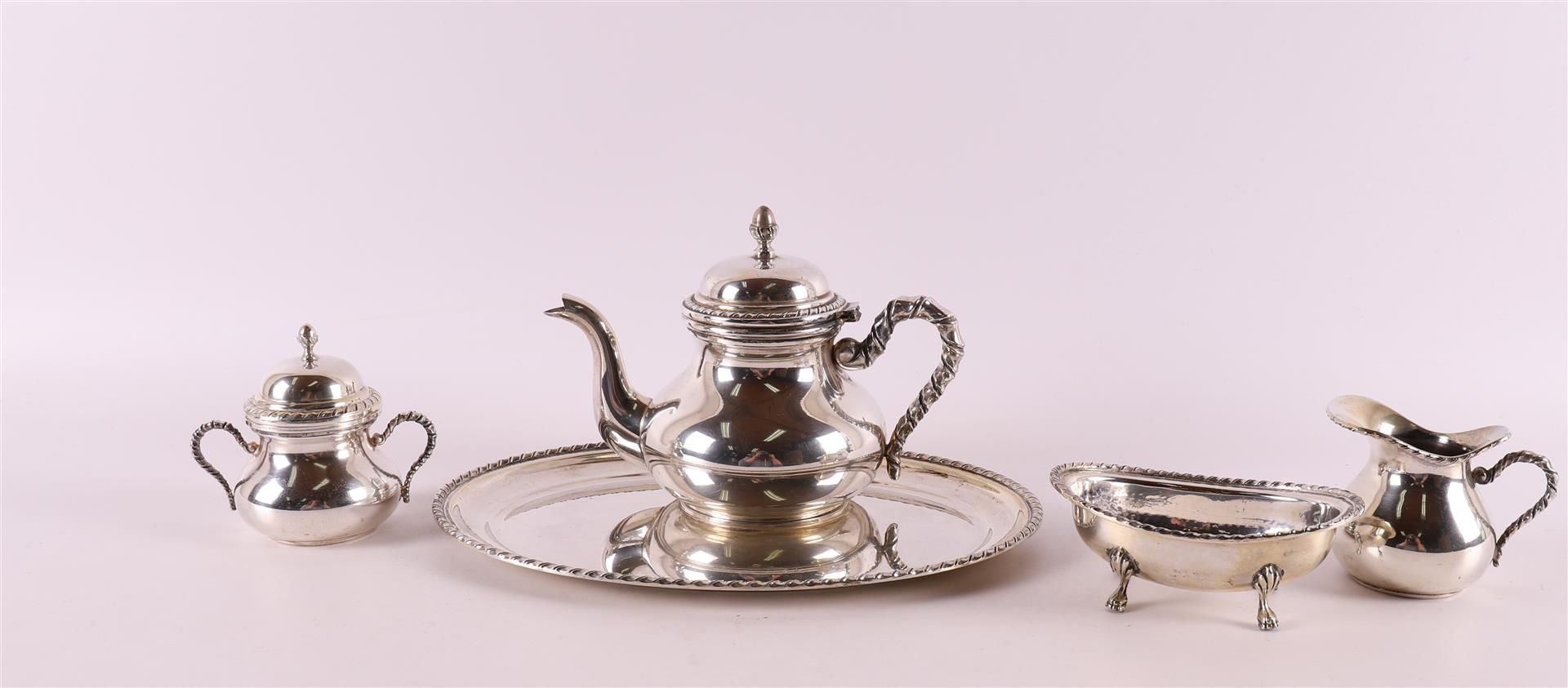 A 3rd grade 800/1000 silver tea service on a silver platter, 20th century - Image 2 of 2