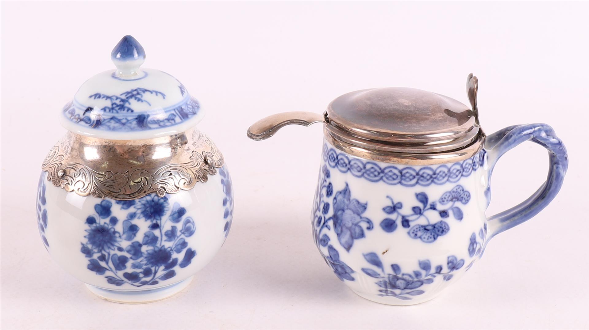 A blue and white porcelain lidded jar with silver mounts, China, Qianlong