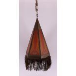 A conical glass-in-copper Amsterdam School hanging lamp with fringe, ca. 1910.