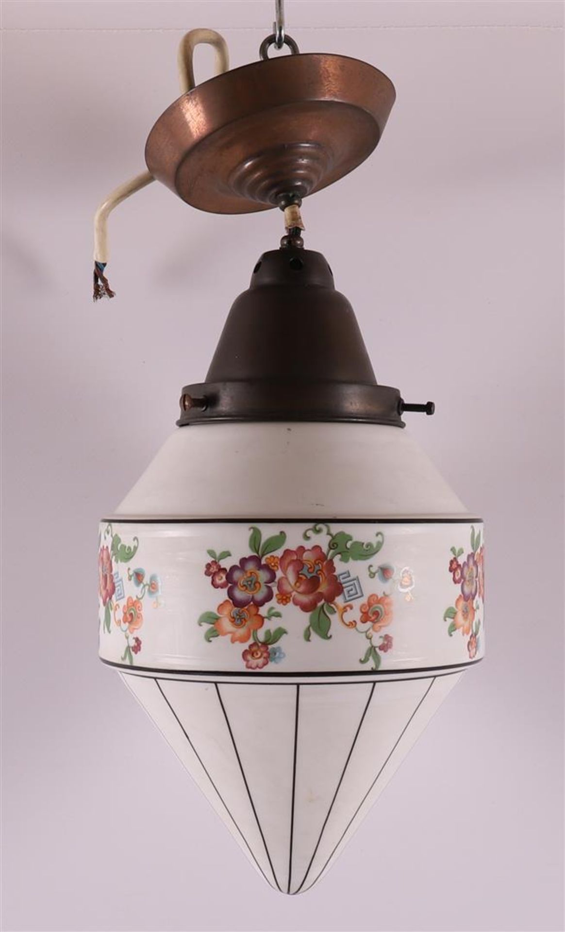 A white opaline glass Jugendstil hall lamp with floral decor, ca. 1930.