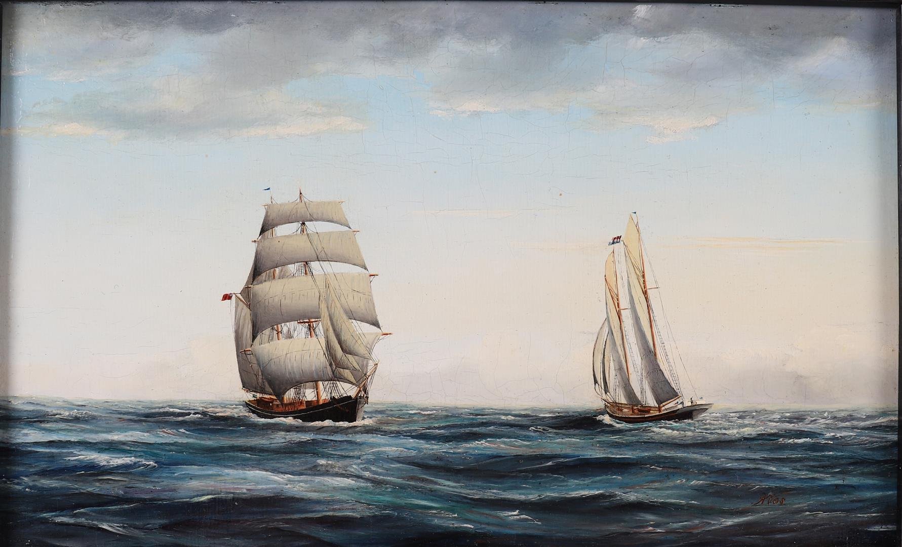 Vos, A (Dutch school 20th century) 'Sailing ships on the high seas', - Image 2 of 2