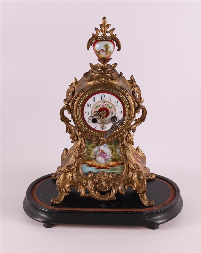 A gilded white metal mantel clock under a glass bell jar, France, 19th century. - Image 3 of 5