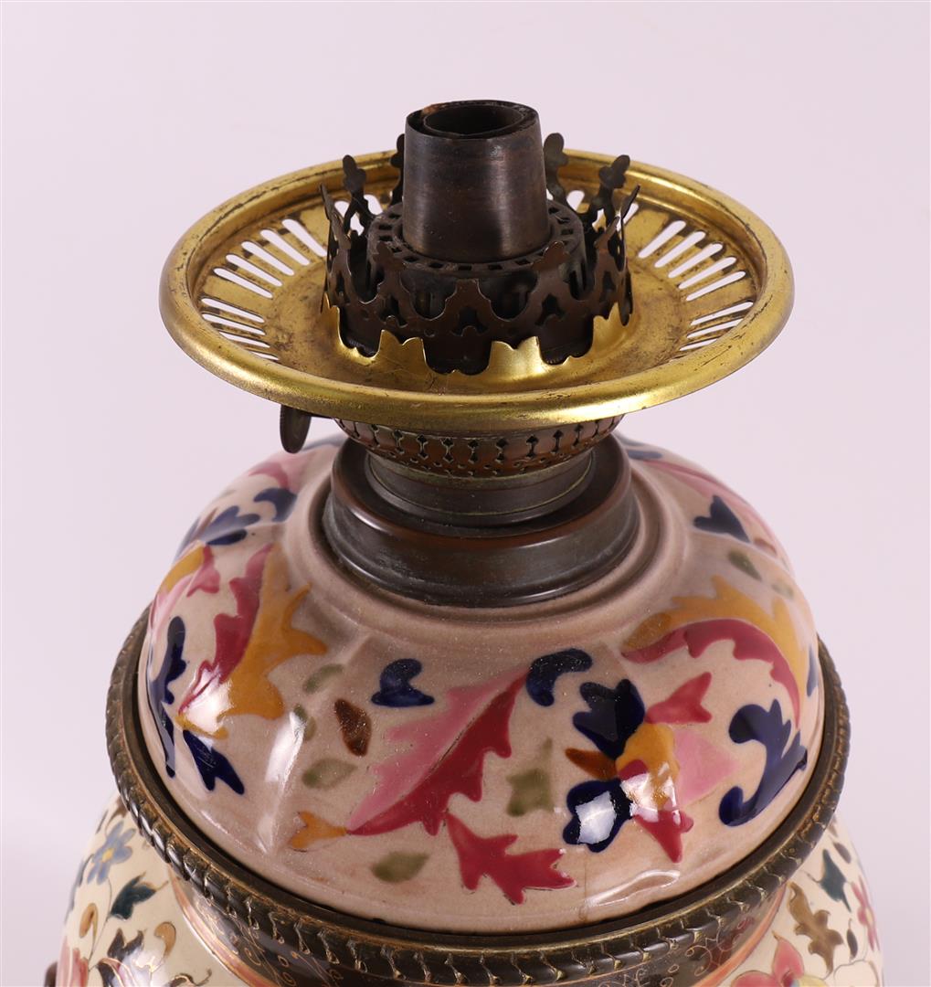 A white metal and earthenware table lamp with frosted glass shade, late 19th cen - Image 6 of 6