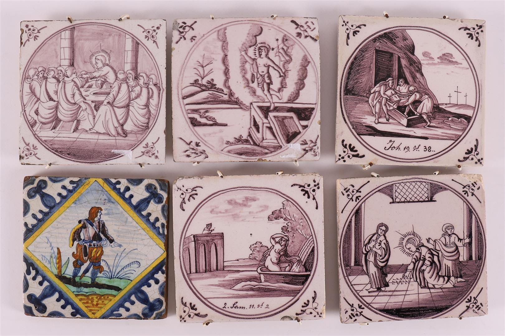 A lot of various tiles, including biblical scenes, 18th/19th century.