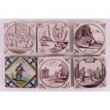 A lot of various tiles, including biblical scenes, 18th/19th century.