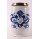 A Delft blue pottery albarello apothecary jar with brass lid, 18th century.