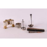 A lot of miscellaneous, including opera glasses and silver miniature pipe chafin